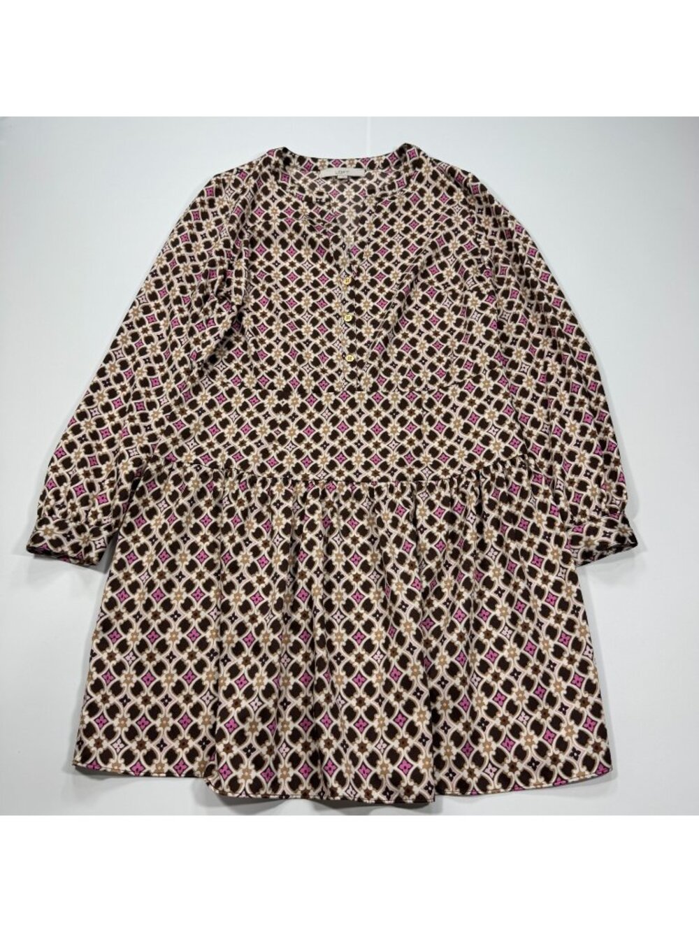 Loft Dress Women's 8 Brown Geometric Polyester Shift MIni Pleated Cottagecore